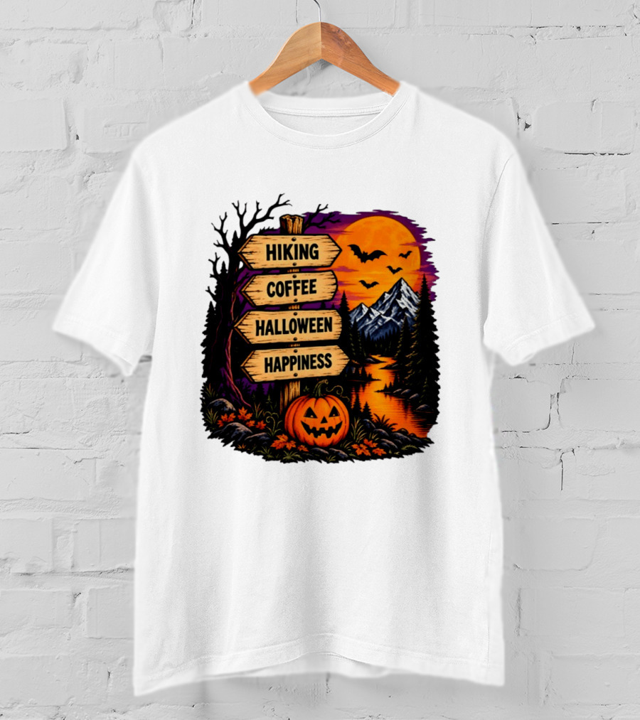 Hiking Coffee Halloween Happiness Fall Season Signpost Scenic Sunset Pumpkin Bats T-Shirt