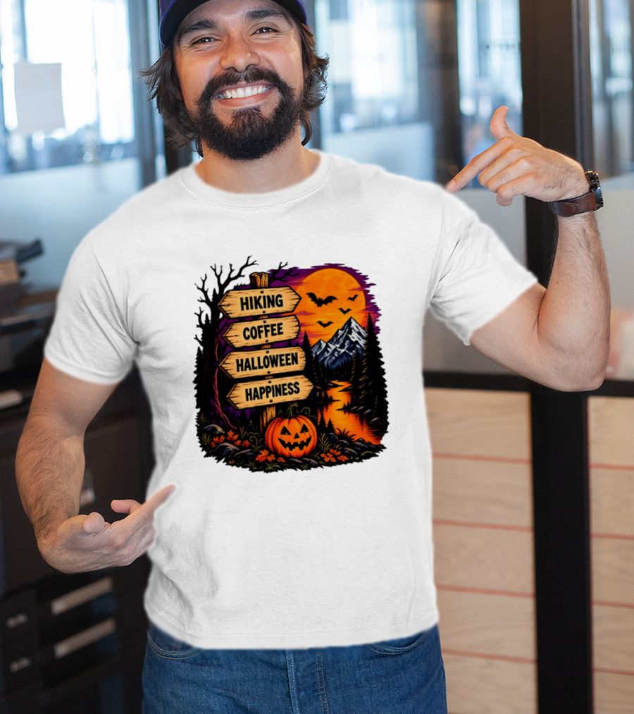 Hiking Coffee Halloween Happiness Fall Season Signpost Scenic Sunset Pumpkin Bats T-Shirt