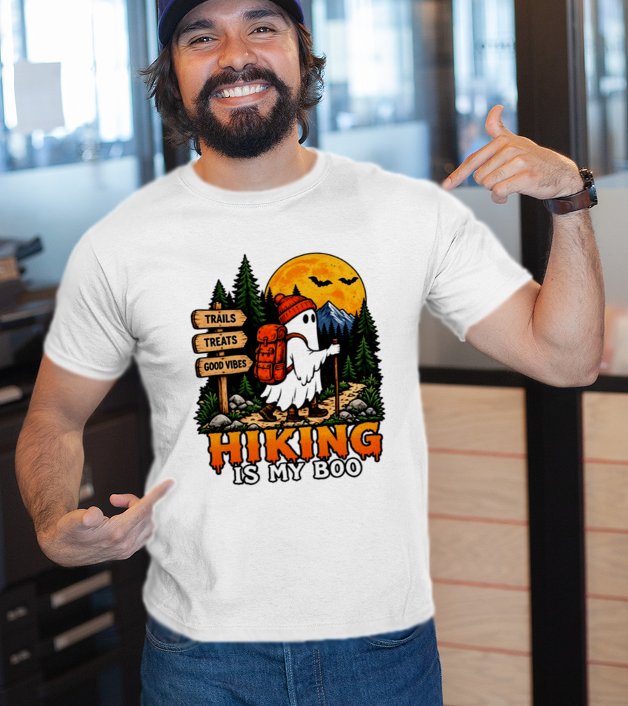 Hiking Is My Boo Ghost Trails Treats Good Vibes Halloween T-Shirt