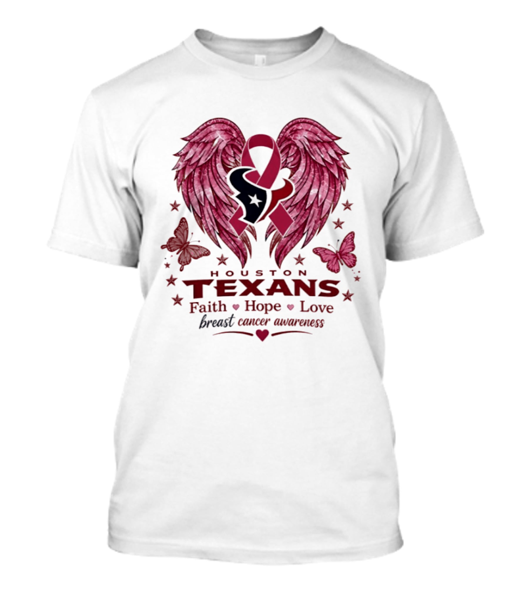 Houston Texans Breast Cancer Awareness Faith Hope Love Wings T-Shirt