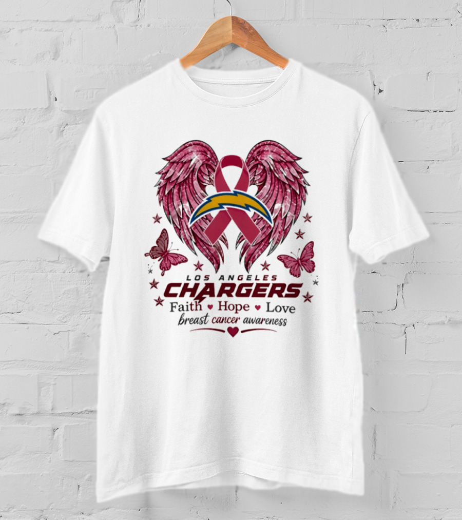 Los Angeles Chargers Breast Cancer Awareness Faith Hope Love Wings Ribbon Butterflies T-Shirt