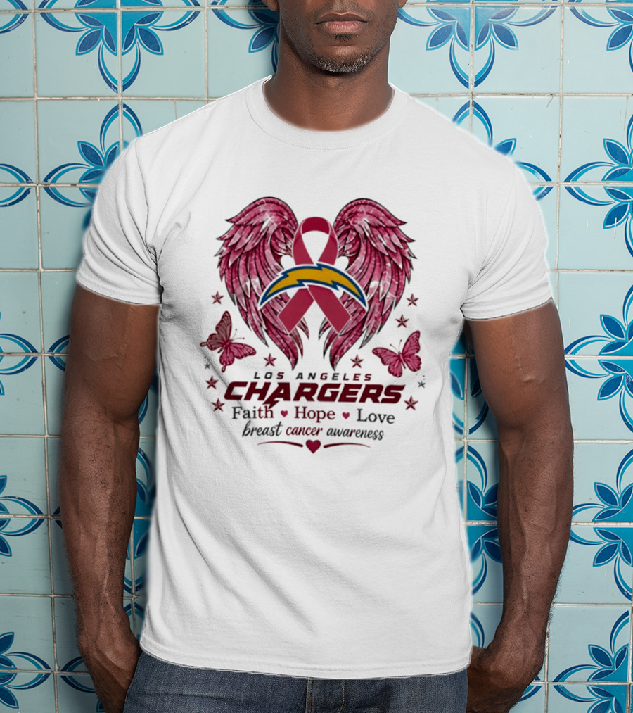 Los Angeles Chargers Breast Cancer Awareness Faith Hope Love Wings Ribbon Butterflies T-Shirt
