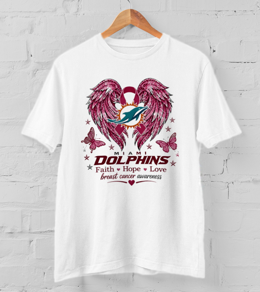 Miami Dolphins Breast Cancer Awareness Faith Hope Love Pink Ribbon Wings T-Shirt