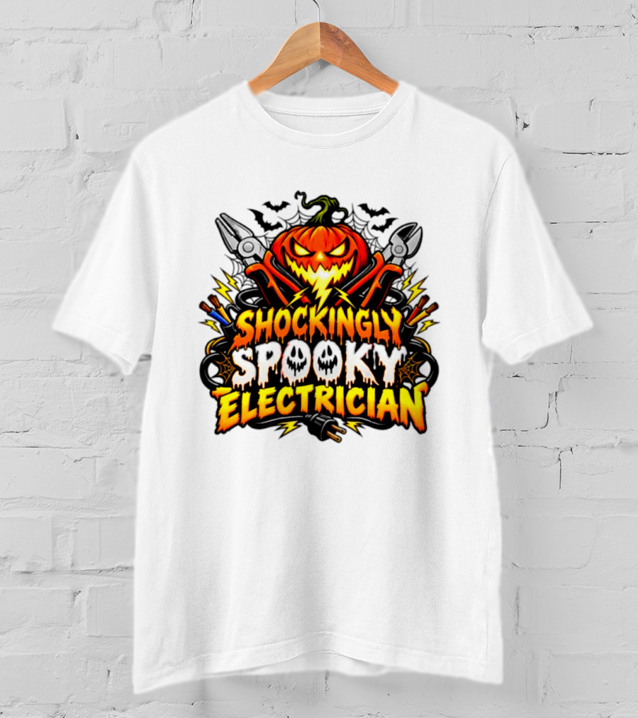 Shockingly Spooky Electrician Pumpkin Halloween Pliers And Bats T-Shirt