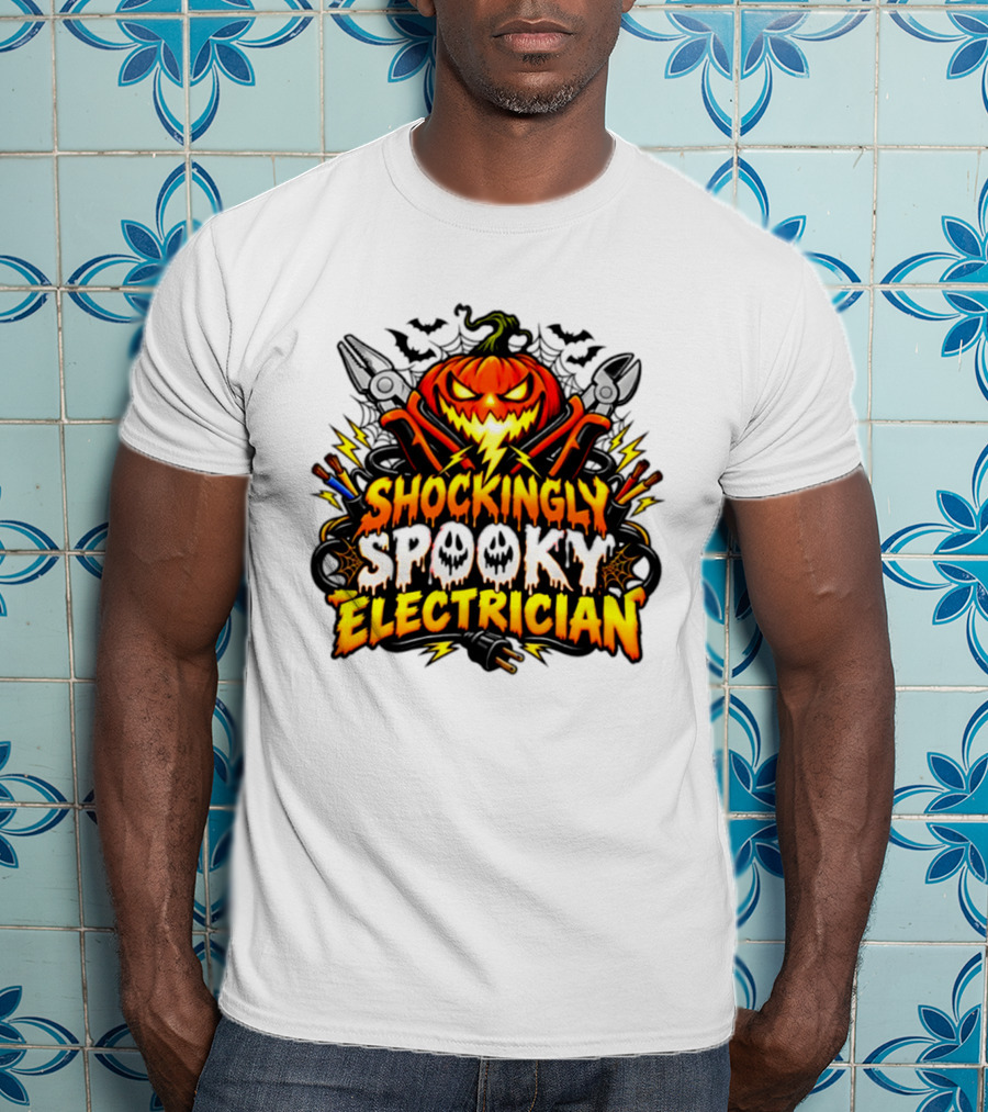 Shockingly Spooky Electrician Pumpkin Halloween Pliers And Bats T-Shirt