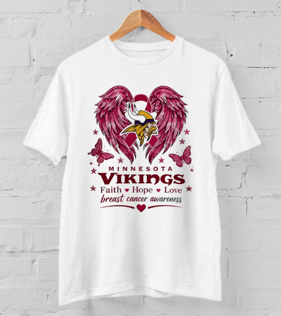 Minnesota Vikings Breast Cancer Awareness Faith Hope Love Wings T-Shirt