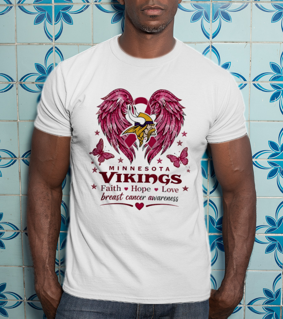 Minnesota Vikings Breast Cancer Awareness Faith Hope Love Wings T-Shirt