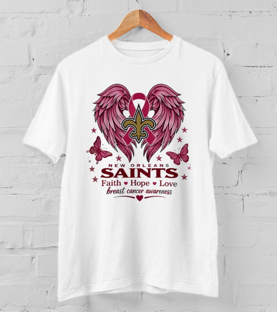New Orleans Saints Breast Cancer Awareness Faith Hope Love Wings T-Shirt