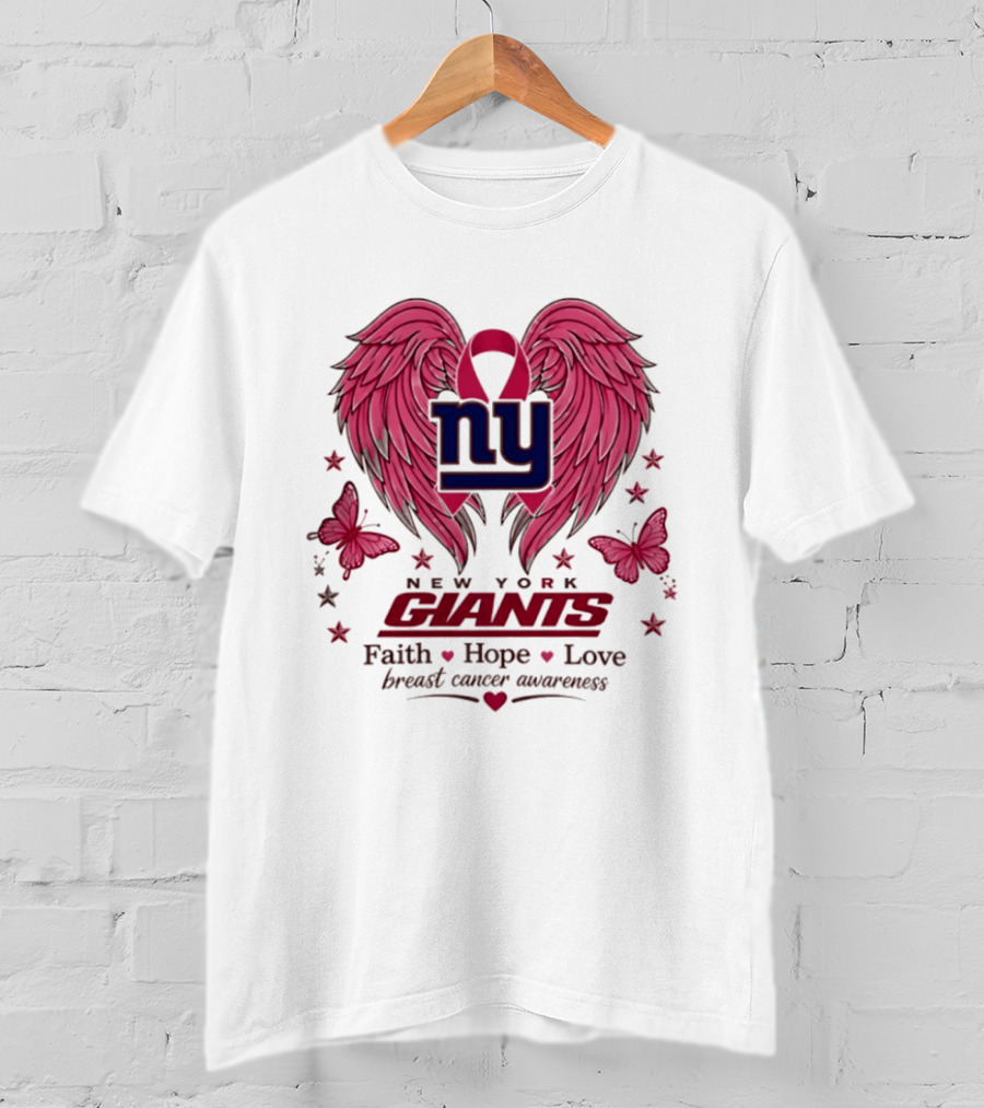 New York Giants Breast Cancer Awareness Faith Hope Love Pink Wings Ribbon T-Shirt