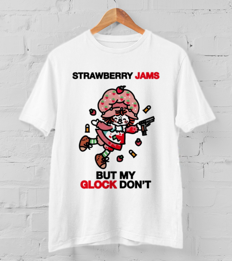 Strawberry Jams But My Glock Don't Cartoon Character With Pink Frosted Hat And Pistol T-Shirt