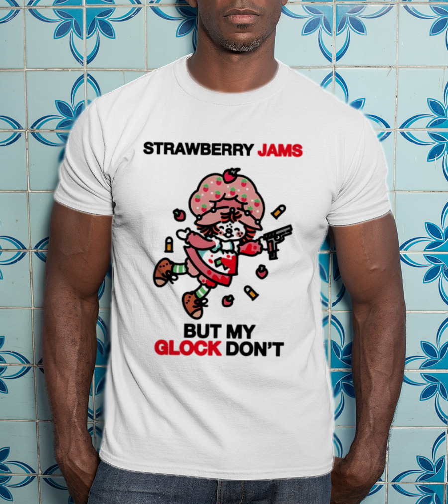 Strawberry Jams But My Glock Don't Cartoon Character With Pink Frosted Hat And Pistol T-Shirt