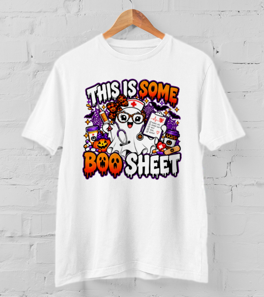 This Is Some Boo Sheet Nurse Life Spooky Shift Halloween 2026 Pumpkin Ghost Nurse Hat Glasses Bats T-Shirt