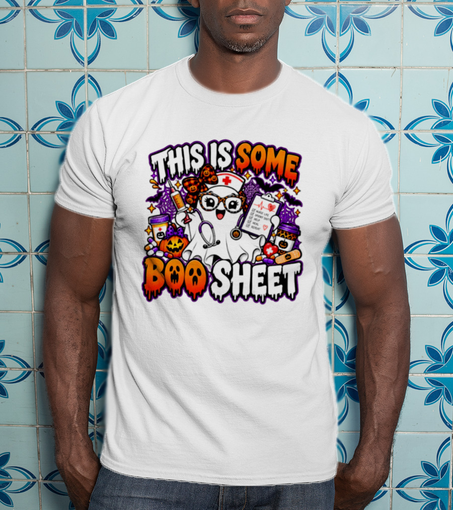 This Is Some Boo Sheet Nurse Life Spooky Shift Halloween 2026 Pumpkin Ghost Nurse Hat Glasses Bats T-Shirt