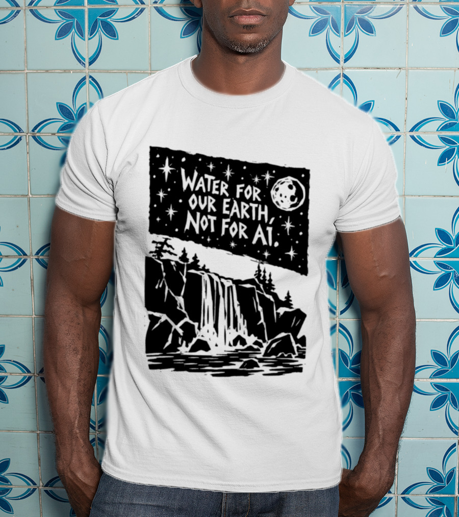 Water For Our Earth Not For AI Moonlit Waterfall Environmental Message T-Shirt