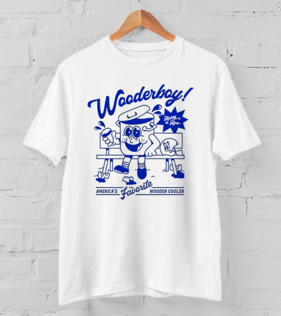 Wooderboy America's Favorite Wooder Cooler Happy To Be Here Cartoon Character Sitting On Bench With Drink T-Shirt