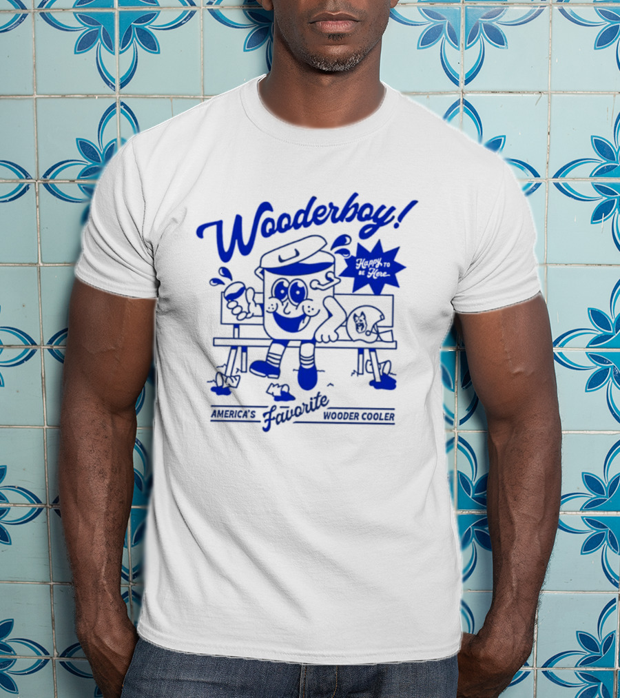 Wooderboy America's Favorite Wooder Cooler Happy To Be Here Cartoon Character Sitting On Bench With Drink T-Shirt
