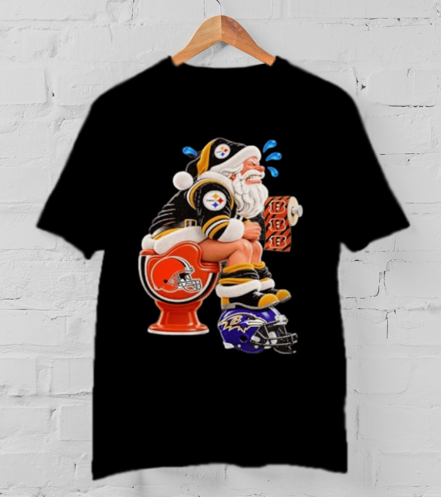 Pittsburgh Steelers Santa Christmas Cleveland Browns Toilet Baltimore Ravens Helmet Cincinnati Bengals Toilet Paper Football T-Shirt