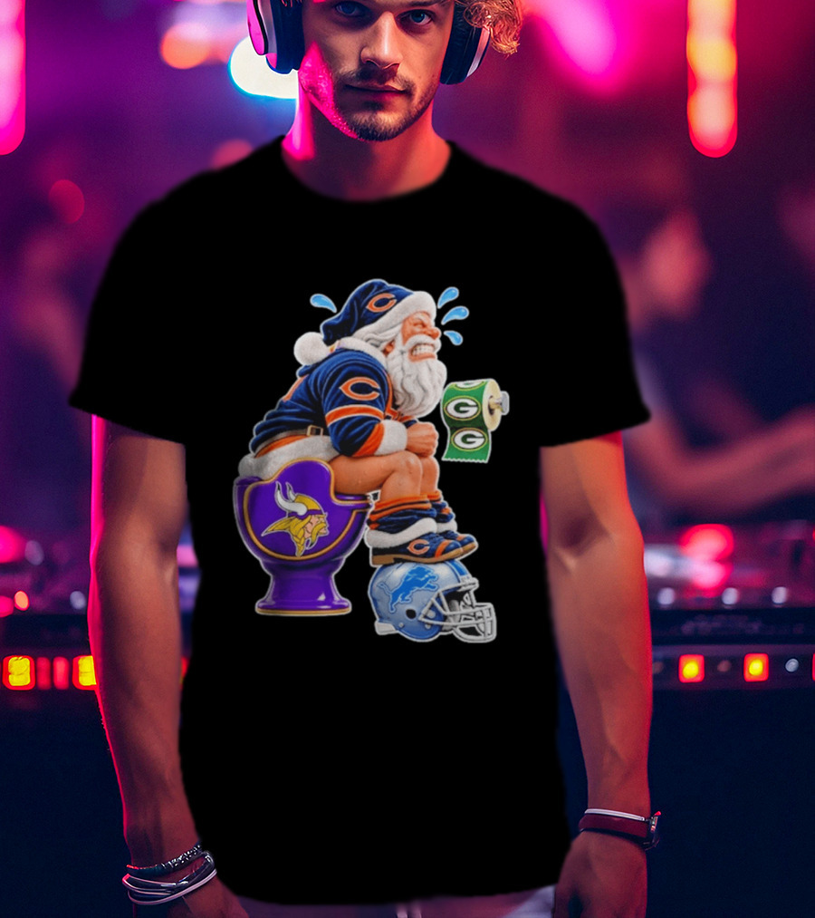 Santa Claus On Toilet Minnesota Vikings Detroit Lions Green Bay Packers Chicago Bears Funny Christmas 2026 Football T-Shirt