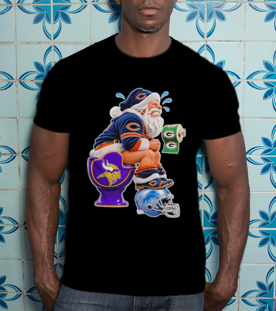 Santa Claus On Toilet Minnesota Vikings Detroit Lions Green Bay Packers Chicago Bears Funny Christmas 2026 Football T-Shirt