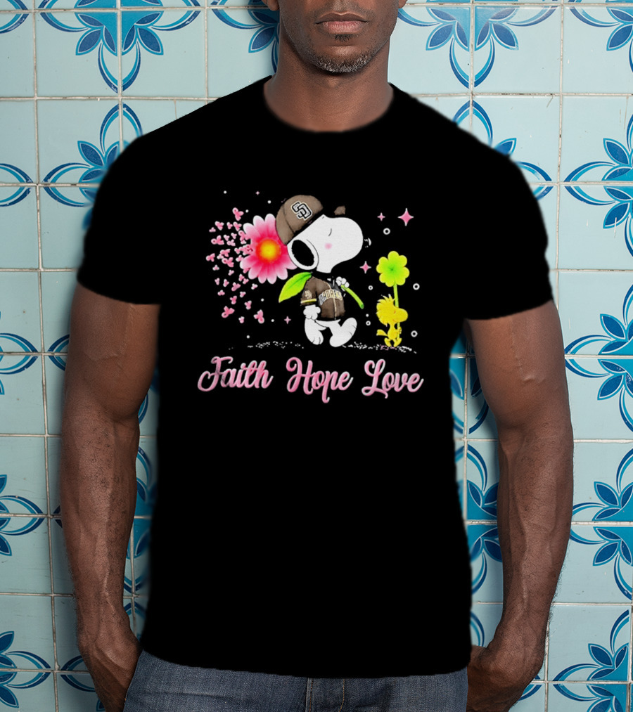 Snoopy San Diego Padres Faith Hope Love Breast Cancer Awareness T-Shirt