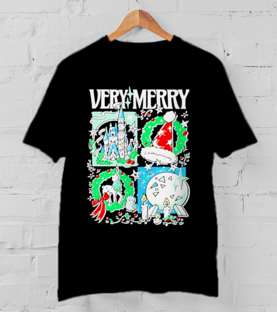 Very Merry 2026 Christmas Disney Castle Holiday Wreath And Santa Hat Candles T-Shirt
