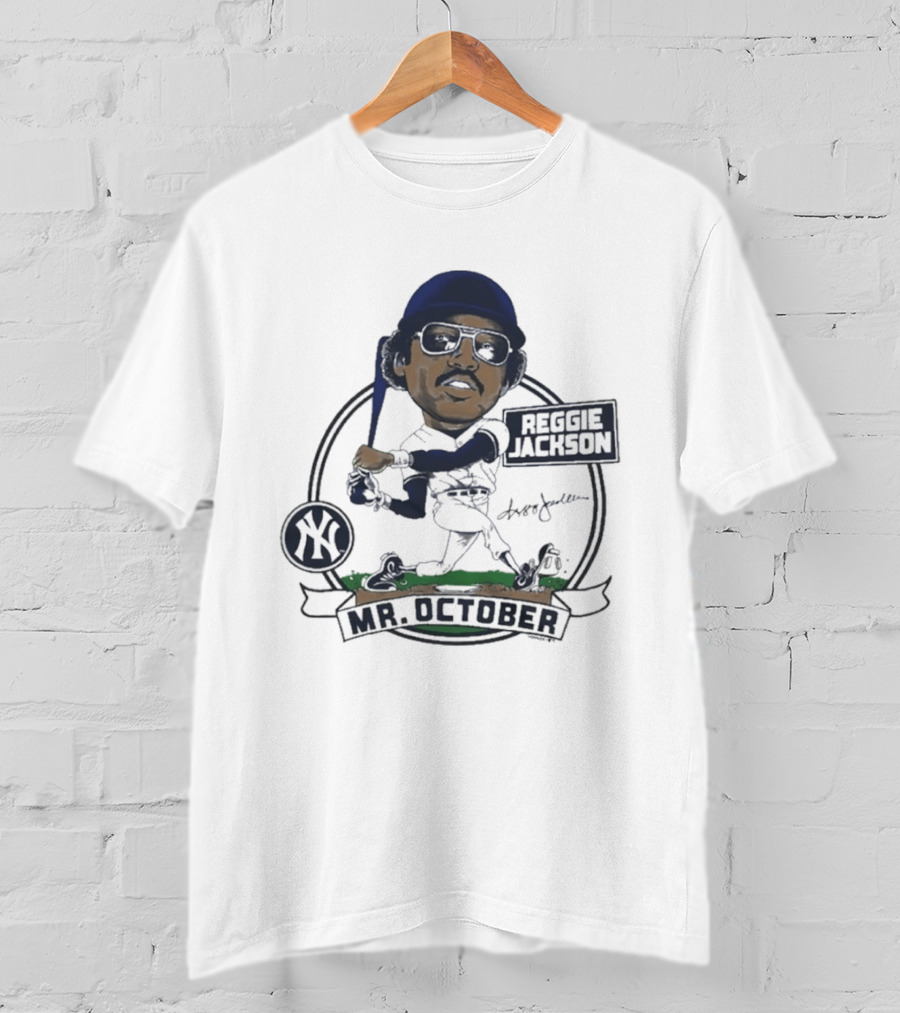 Yankees Reggie Jackson Mr. October Caricature Signature Art With NY Yankees T-Shirt