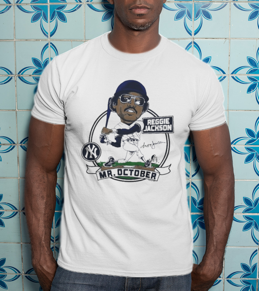 Yankees Reggie Jackson Mr. October Caricature Signature Art With NY Yankees T-Shirt