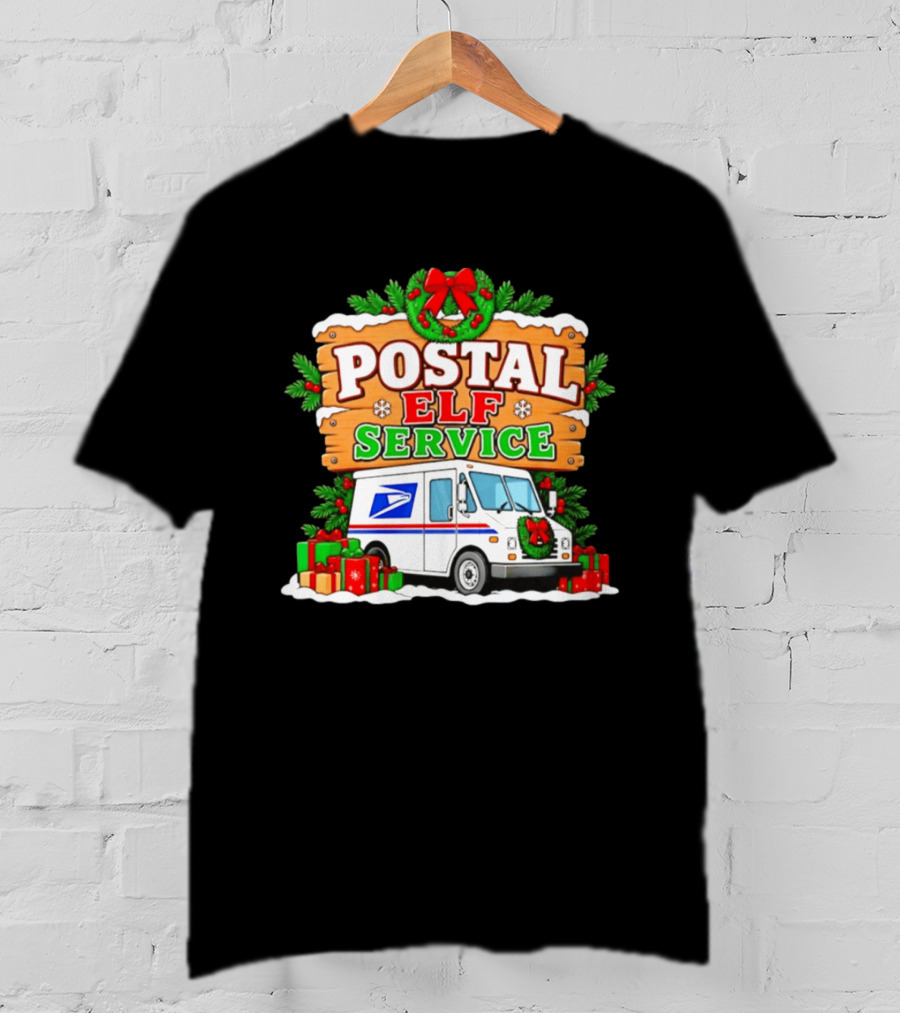 USPS Christmas Postal Elf Service Truck Wreath And Holiday Gifts T-Shirt