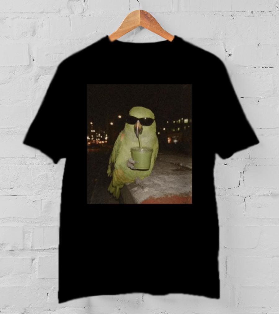 Parrot Wearing Sunglasses Enjoying Green Smoothie At Night T-Shirt