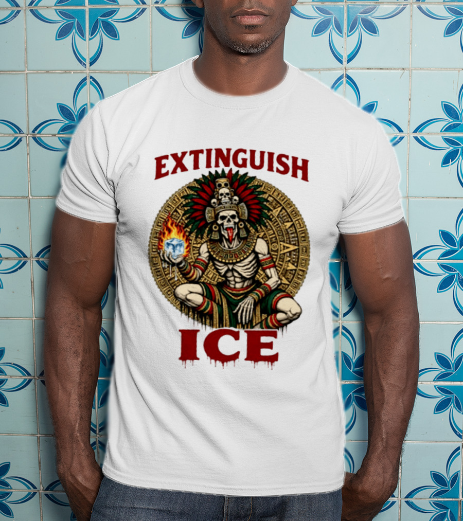 Aztec Skeleton Extinguish Ice Fire Mayan T-Shirt
