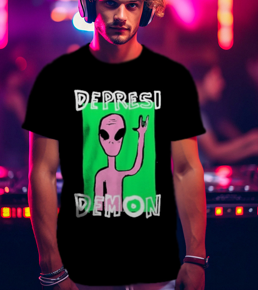 Depresi Demon Pink Alien Rock On Meme T-Shirt