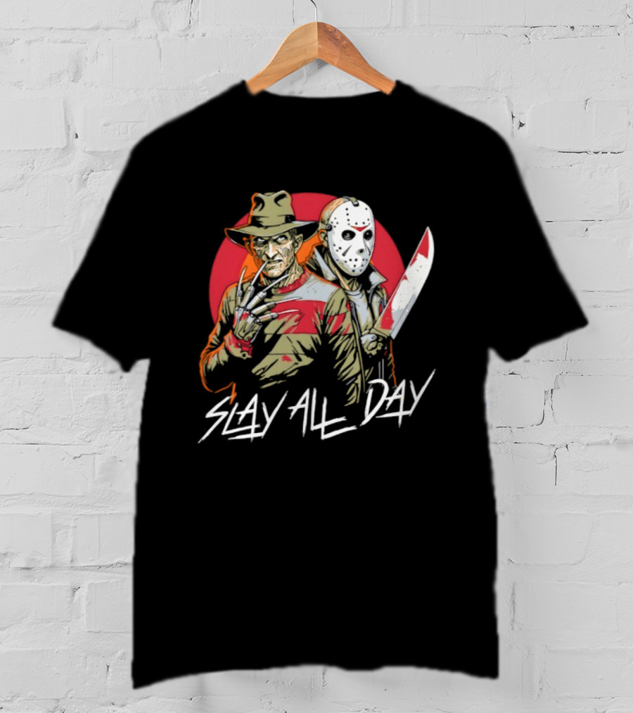 Freddy Krueger And Jason Voorhees 2026 Halloween Slay All Day Horror Iconic Duo T-Shirt
