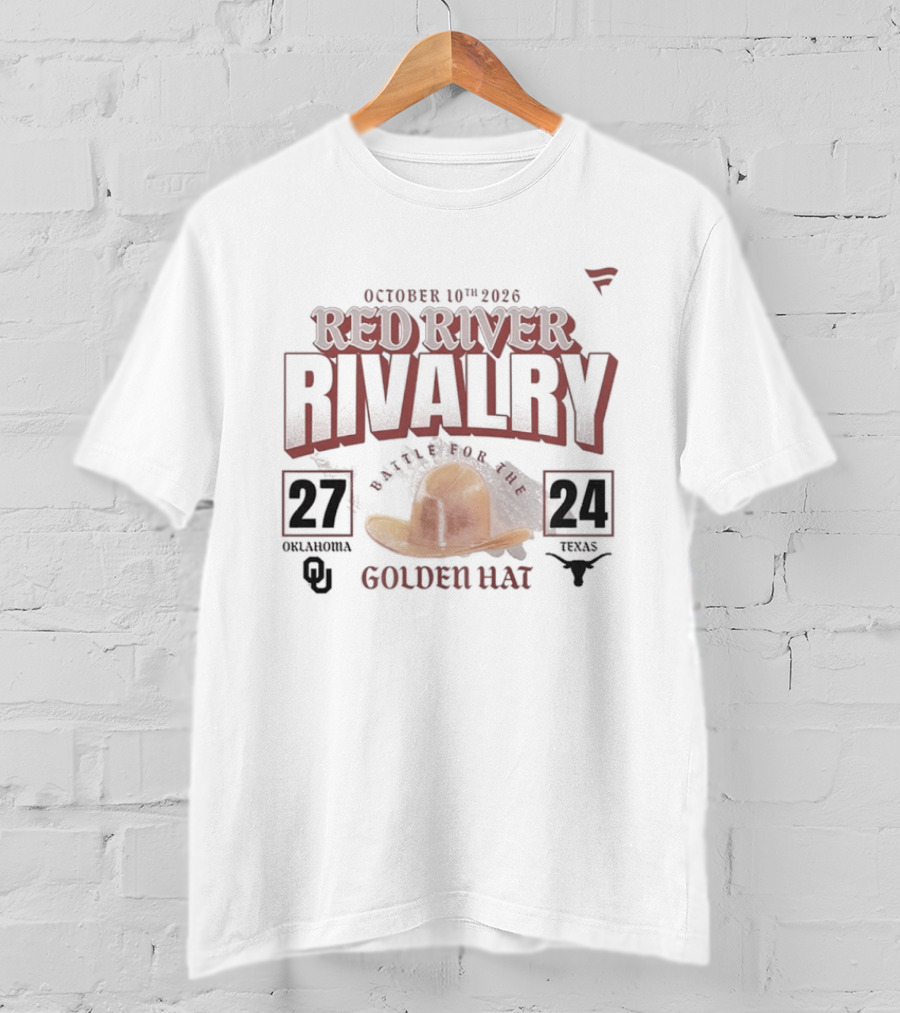 October 10th 2026 Red River Rivalry Oklahoma 27 Texas 24 Golden Hat T-Shirt