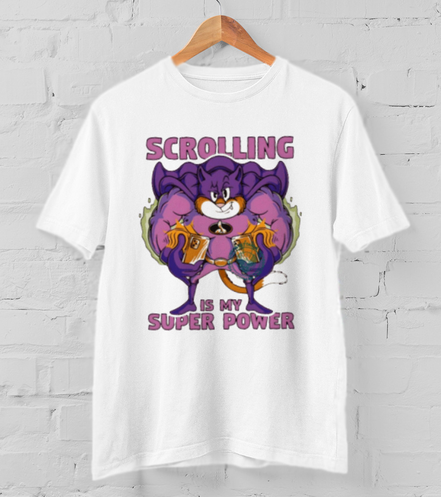 Scrolling Is My Super Power Superhero Cat Comic T-Shirt
