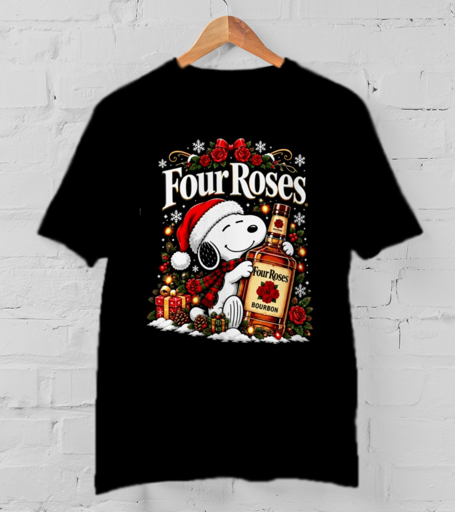 Four Roses Christmas 2026 Bourbon Snoopy Santa Hat Festive Cheer T-Shirt