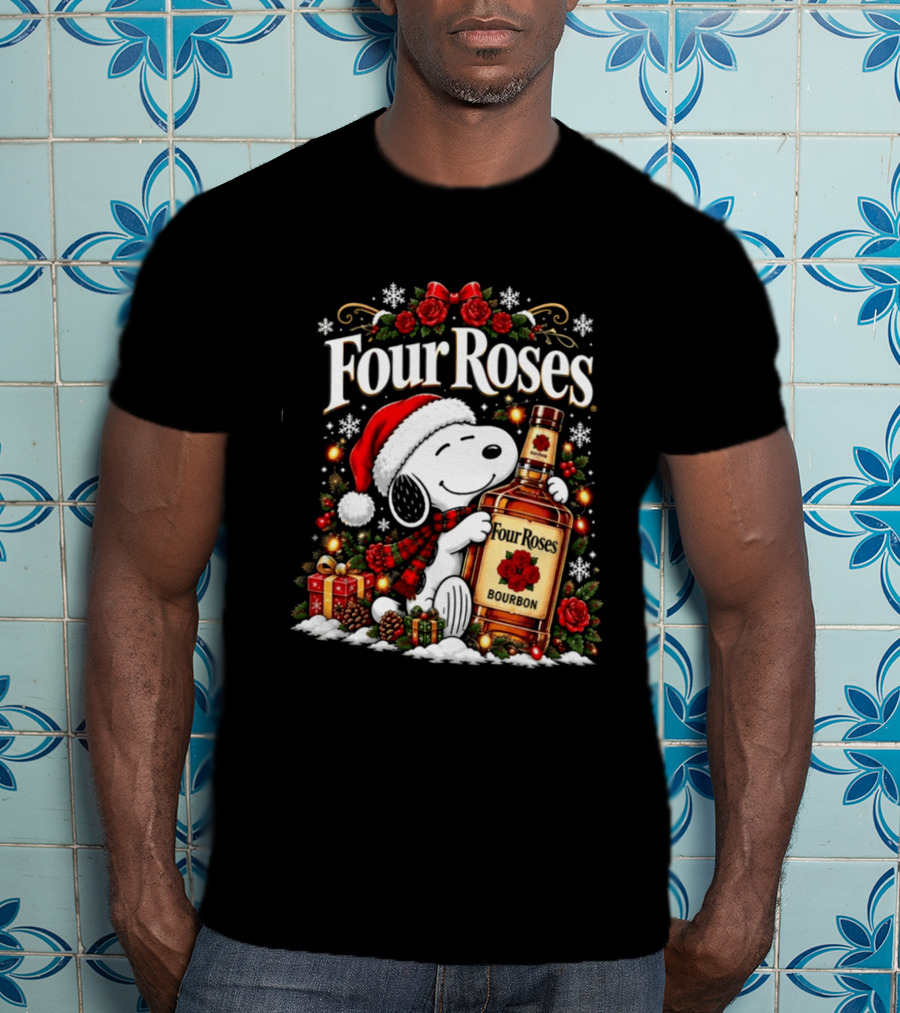 Four Roses Christmas 2026 Bourbon Snoopy Santa Hat Festive Cheer T-Shirt
