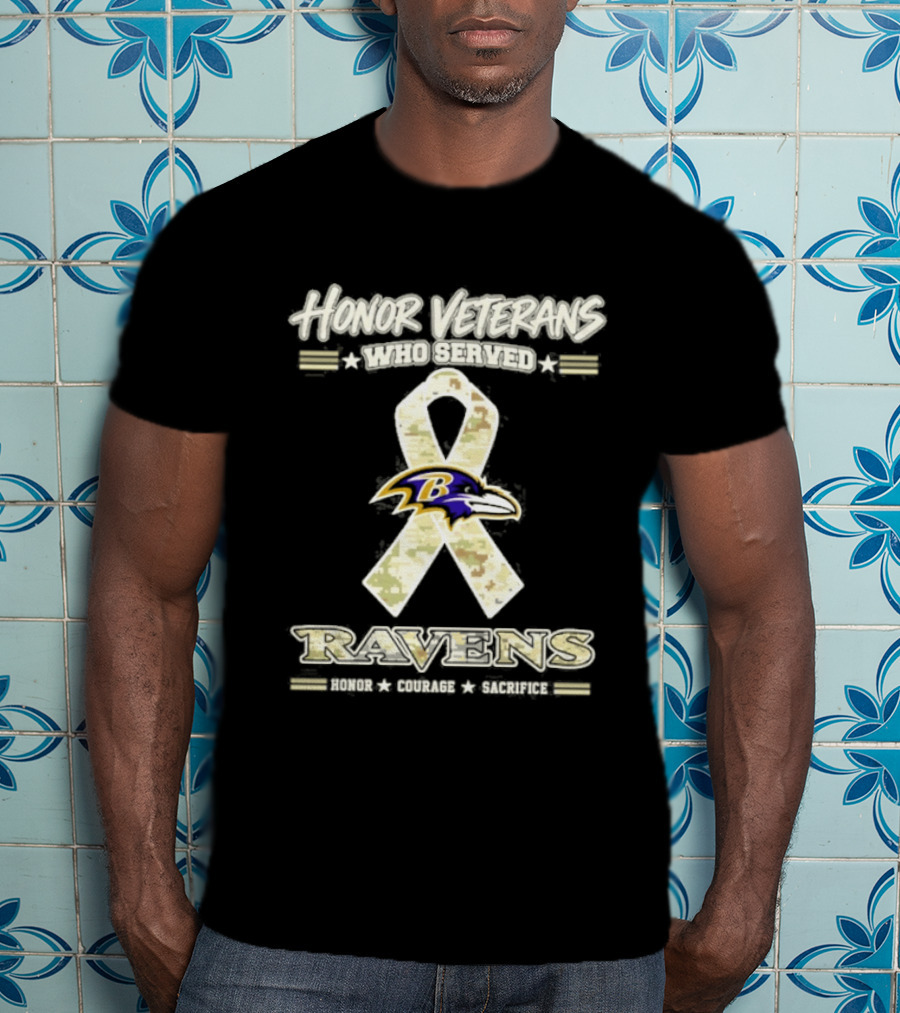 Baltimore Ravens Honor Veterans Who Served Military Camo Ribbon Salute Courage Commitment T-Shirt