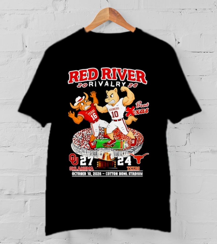 Red River Rivalry 2026 Oklahoma Sooners 27 Texas 24 October 10 Cotton Bowl Stadium T-Shirt