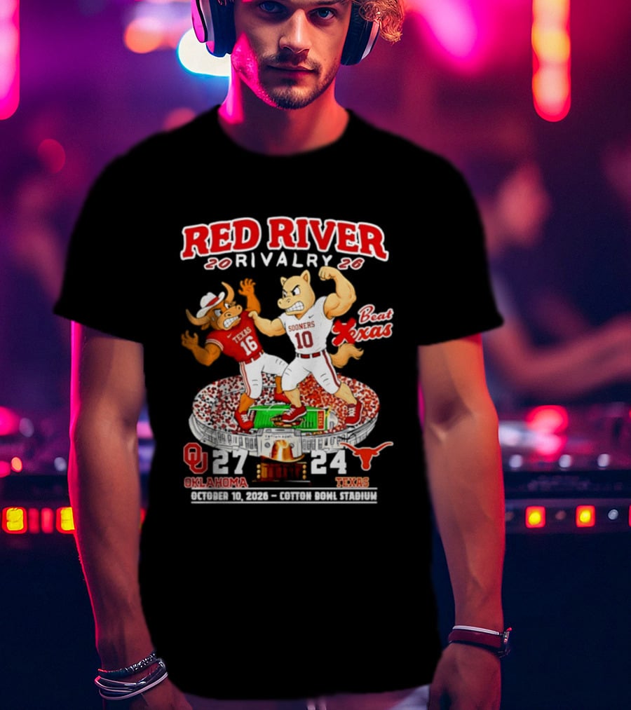 Red River Rivalry 2026 Oklahoma Sooners 27 Texas 24 October 10 Cotton Bowl Stadium T-Shirt