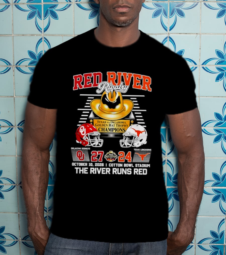 Oklahoma Sooners Red River 2026 The River Runs Red 27 24 Cotton Bowl Stadium T-Shirt
