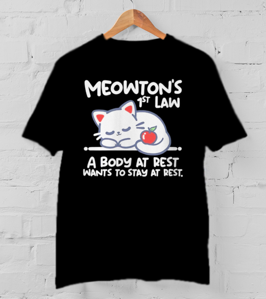 Meowton's 1st Law A Body At Rest Wants To Stay At Rest Sleeping Cat With Apple T-Shirt