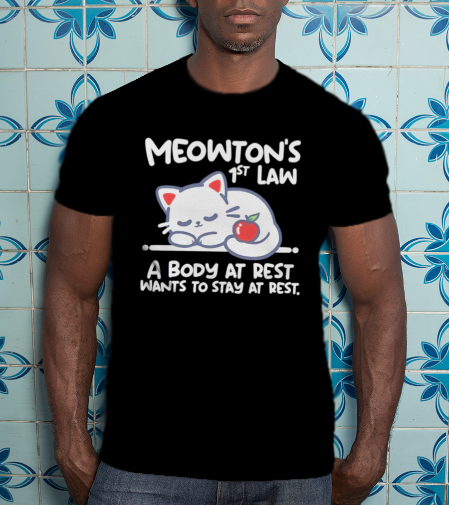 Meowton's 1st Law A Body At Rest Wants To Stay At Rest Sleeping Cat With Apple T-Shirt