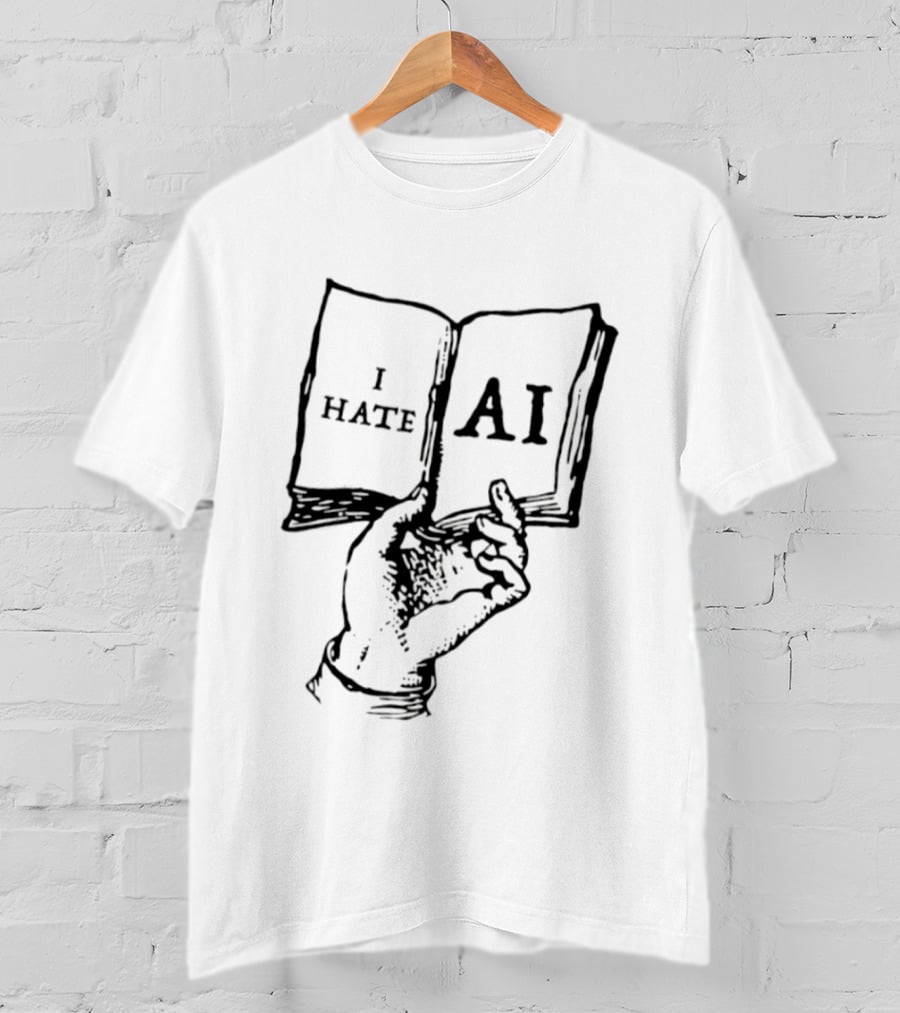 I Hate AI Artificial Intelligence Technology Text On Open Book T-Shirt
