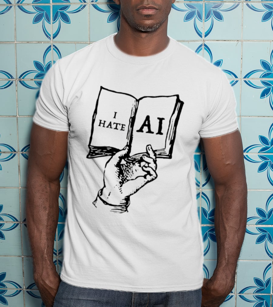 I Hate AI Artificial Intelligence Technology Text On Open Book T-Shirt