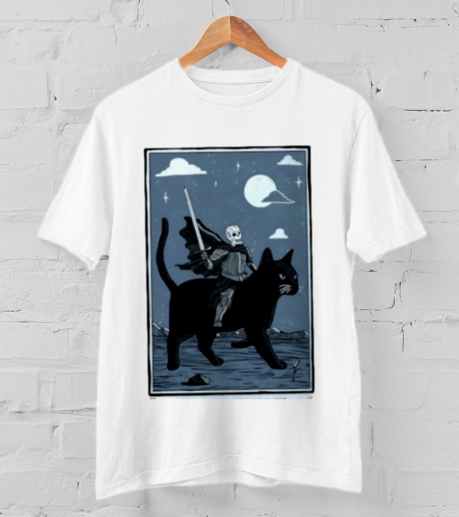 Skeleton Knight On Black Cat Under Moon And Stars Idle Hands Invite Mischief T-Shirt