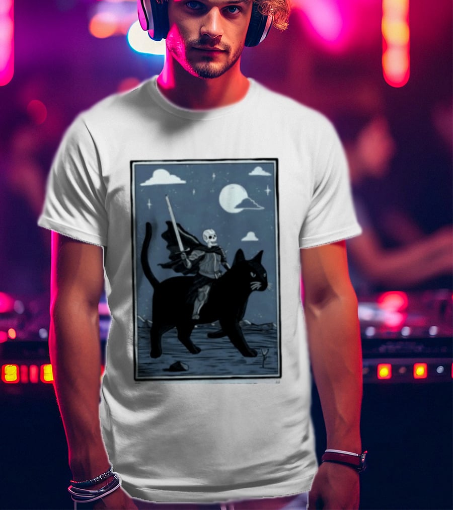 Skeleton Knight On Black Cat Under Moon And Stars Idle Hands Invite Mischief T-Shirt