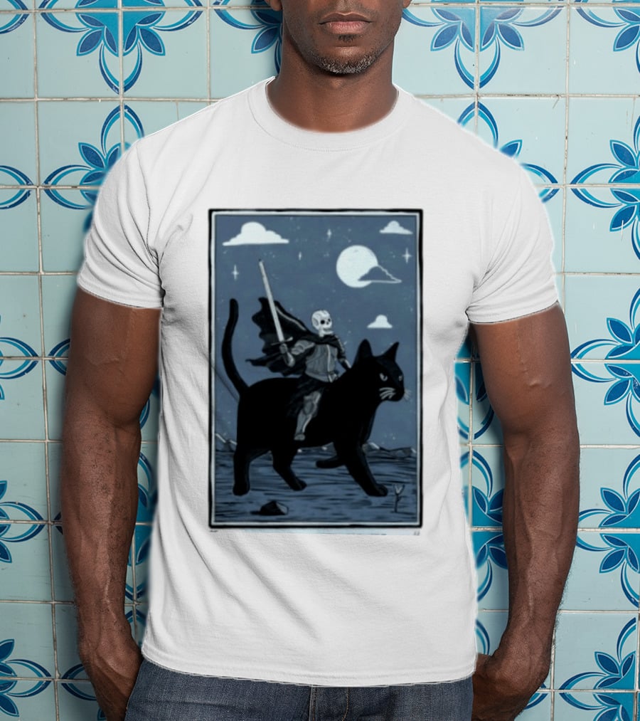 Skeleton Knight On Black Cat Under Moon And Stars Idle Hands Invite Mischief T-Shirt