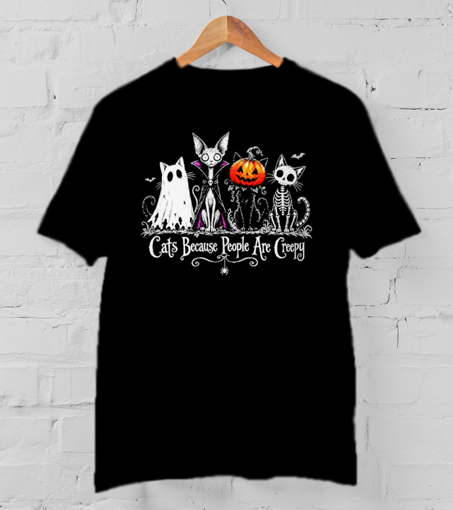 Cats Because People Are Creepy Halloween Cat Pumpkin Skeleton T-Shirt