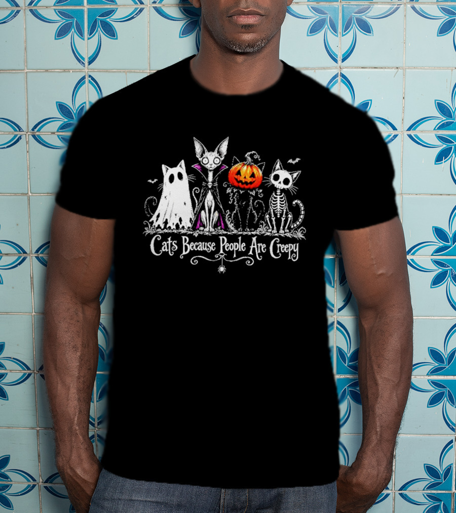 Cats Because People Are Creepy Halloween Cat Pumpkin Skeleton T-Shirt