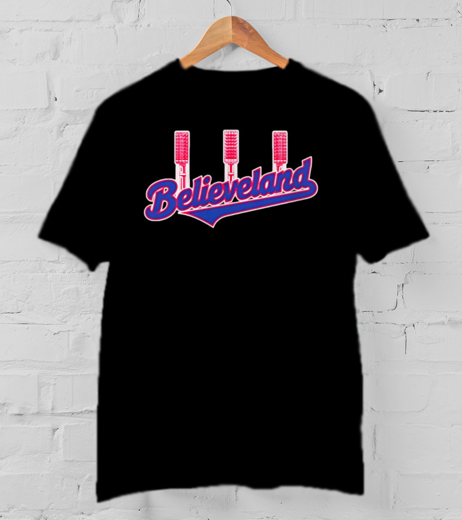 Cleveland Guardians Believeland City Skyline With Retro Baseball Bat Landmarks T-Shirt